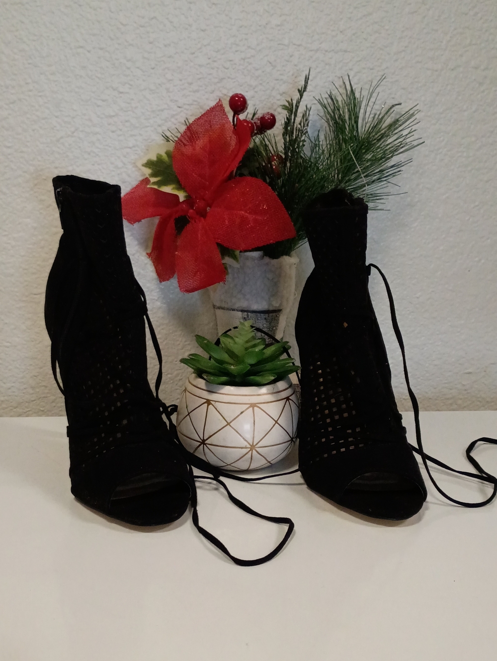 JustFab Black Lace-Up Peep Toe Heeled Booties